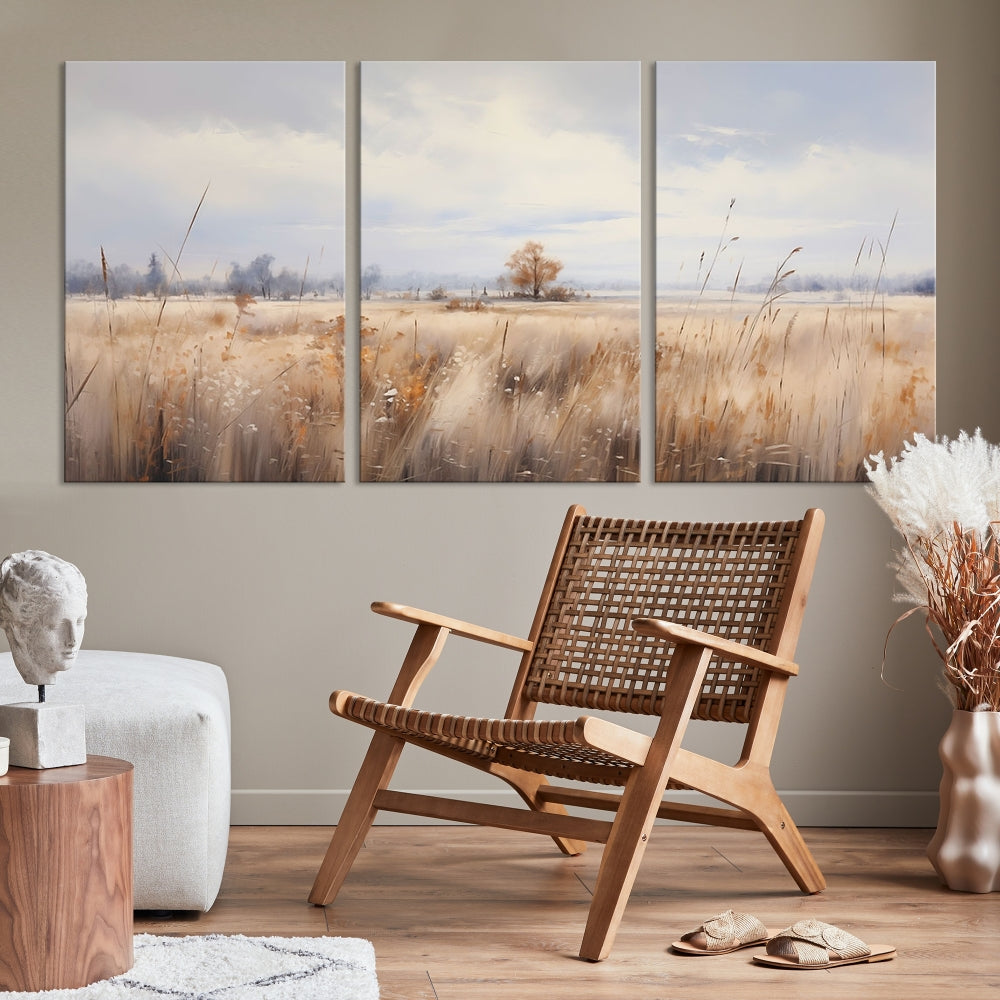 Rural Wheat Field Landscape Painting Neutral Tones Wall Art Canvas Print