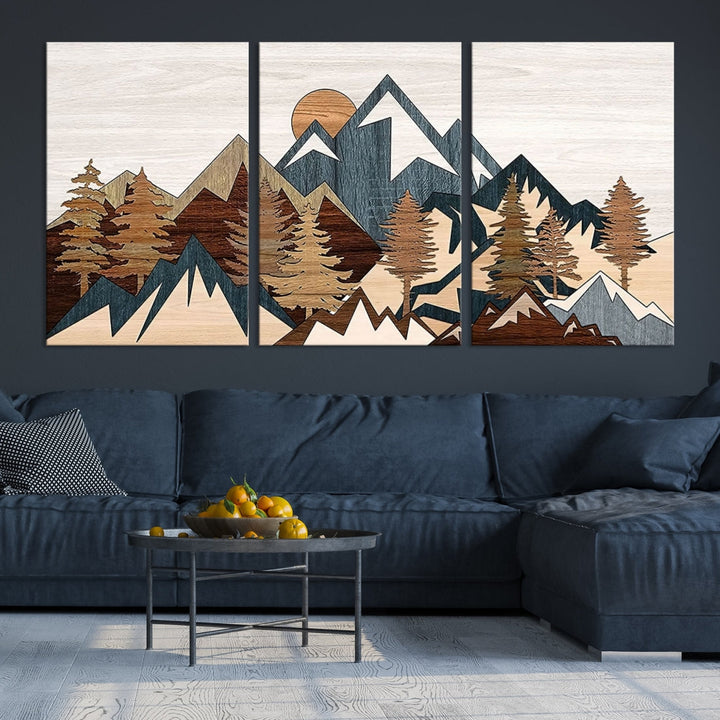 Rustic Abstract Wood Panel Effect Canvas Mountain Range Top Wood Wall Art Canvas Print