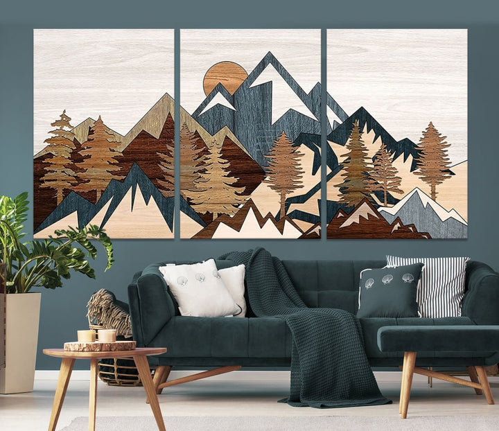 Rustic Abstract Wood Panel Effect Canvas Mountain Range Top Wood Wall Art Canvas Print