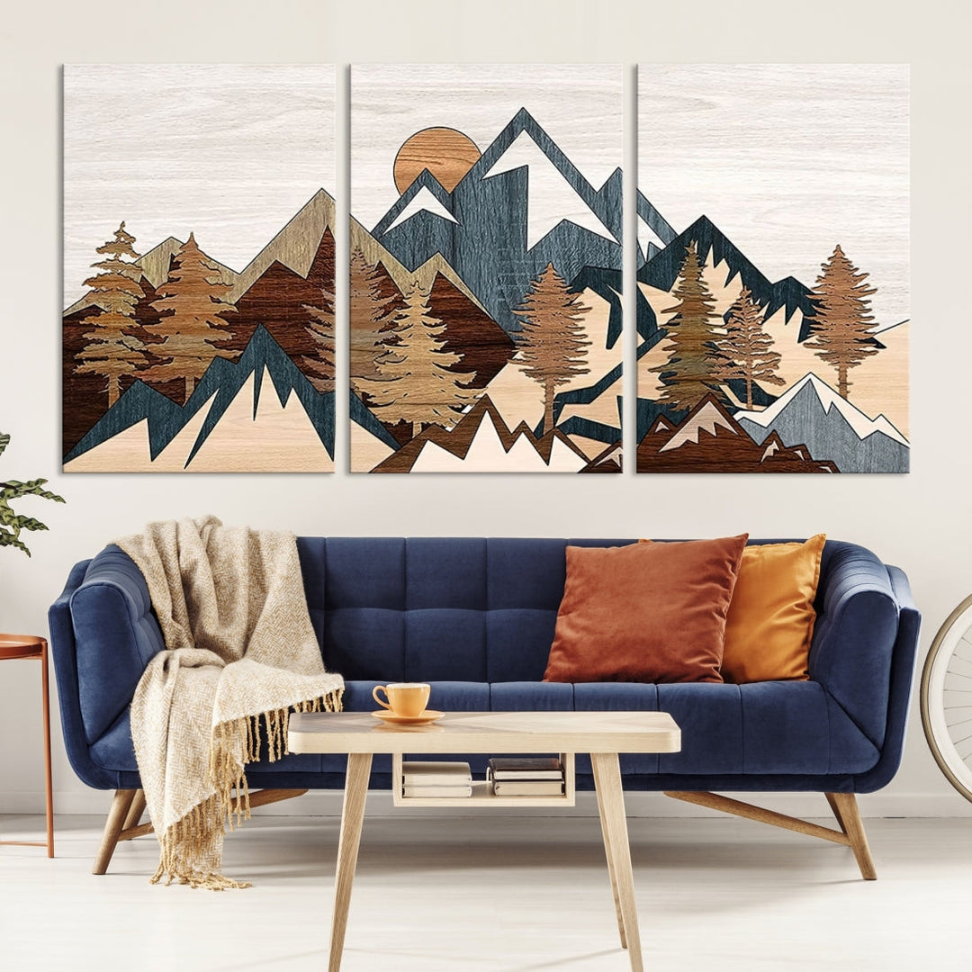 Rustic Abstract Wood Panel Effect Canvas Mountain Range Top Wood Wall Art Canvas Print