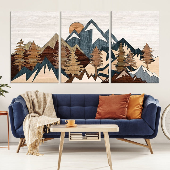 Rustic Abstract Wood Panel Effect Canvas Mountain Range Top Wood Wall Art Canvas Print