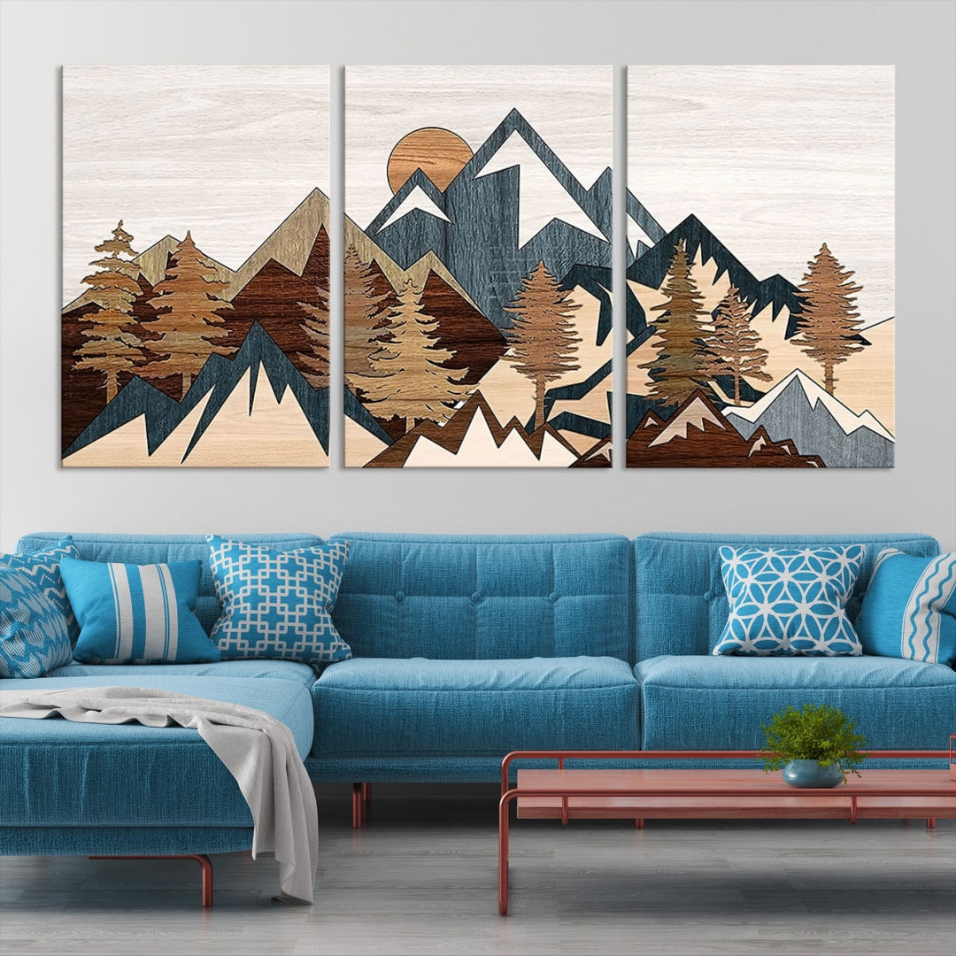 Rustic Abstract Wood Panel Effect Canvas Mountain Range Top Wood Wall Art Canvas Print