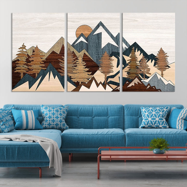 Rustic Abstract Wood Panel Effect Canvas Mountain Range Top Wood Wall Art Canvas Print