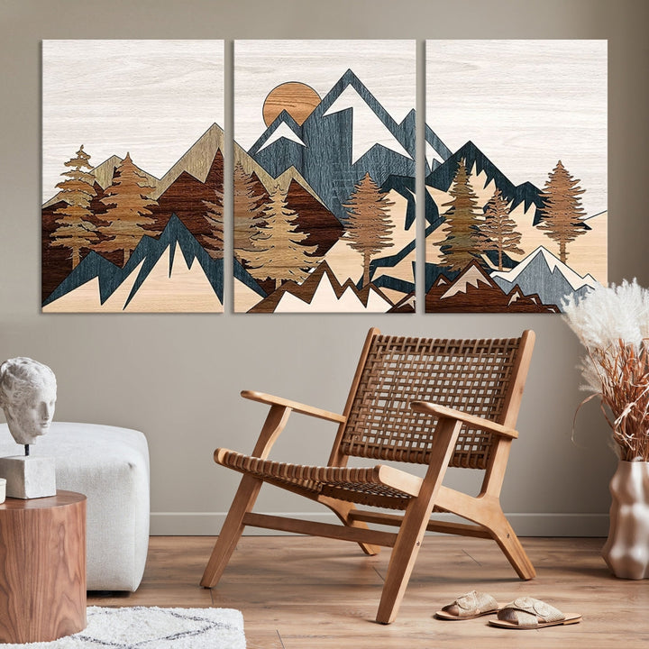 Rustic Abstract Wood Panel Effect Canvas Mountain Range Top Wood Wall Art Canvas Print