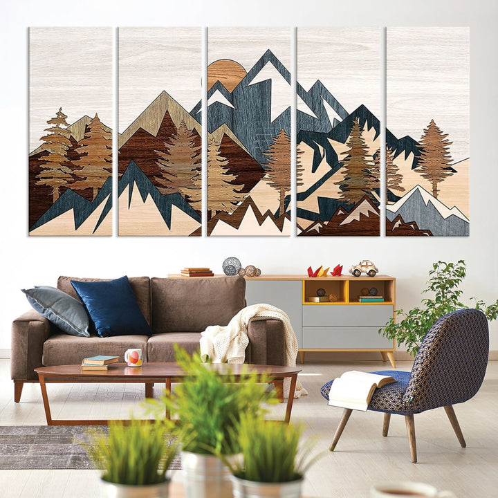 Rustic Abstract Wood Panel Effect Canvas Mountain Range Top Wood Wall Art Canvas Print