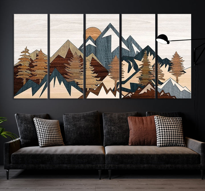 Rustic Abstract Wood Panel Effect Canvas Mountain Range Top Wood Wall Art Canvas Print
