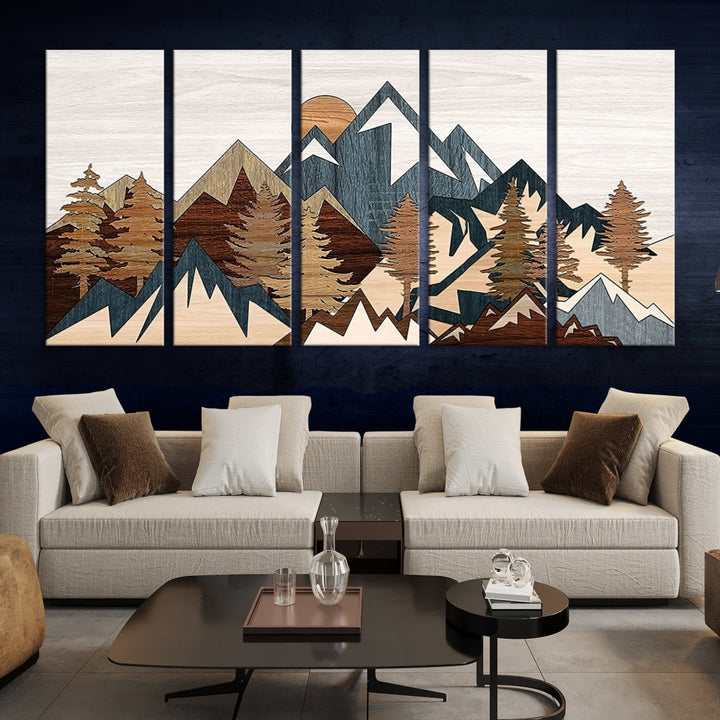 Rustic Abstract Wood Panel Effect Canvas Mountain Range Top Wood Wall Art Canvas Print