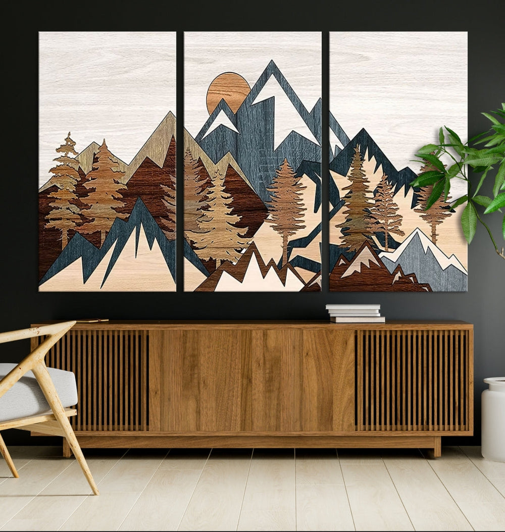 Rustic Abstract Wood Panel Effect Canvas Mountain Range Top Wood Wall Art Canvas Print
