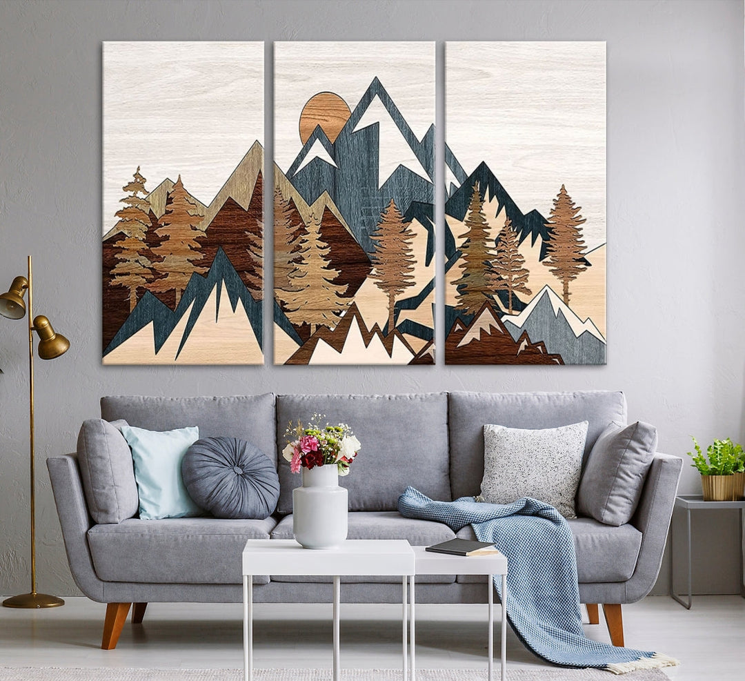 Rustic Abstract Wood Panel Effect Canvas Mountain Range Top Wood Wall Art Canvas Print