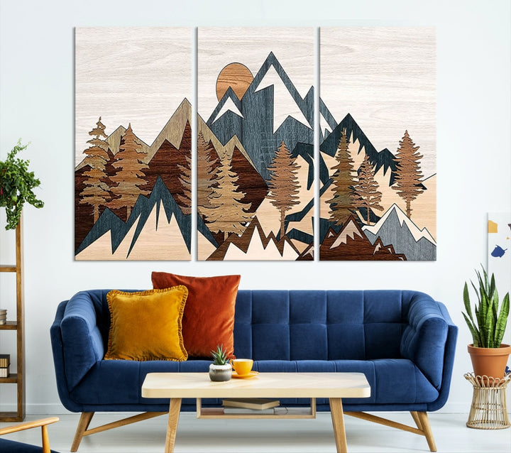 Rustic Abstract Wood Panel Effect Canvas Mountain Range Top Wood Wall Art Canvas Print