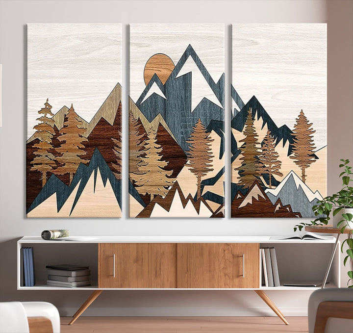 Rustic Abstract Wood Panel Effect Canvas Mountain Range Top Wood Wall Art Canvas Print