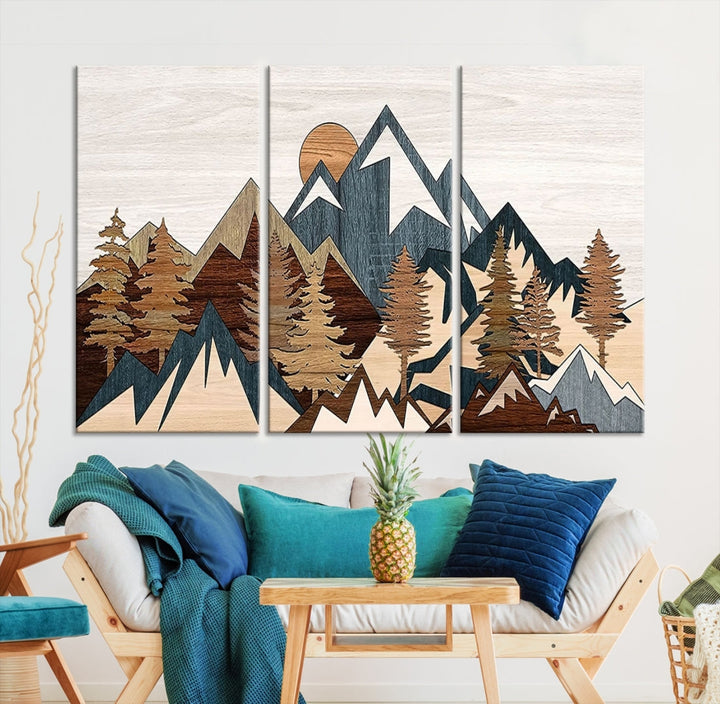 Rustic Abstract Wood Panel Effect Canvas Mountain Range Top Wood Wall Art Canvas Print