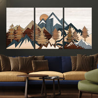 Rustic Abstract Wood Panel Effect Canvas Mountain Range Top Wood Wall Art Canvas Print