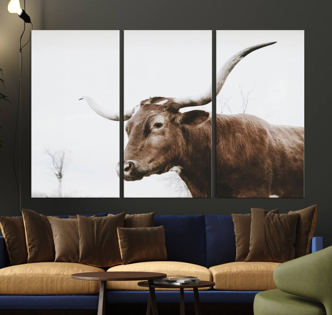 Rustic Cow Longhorn Bull Canvas Wall Art - Majestic Bull Animal Photography Print for Living Room, Office, or Ranch-Style Decor, Ready to Hang Print