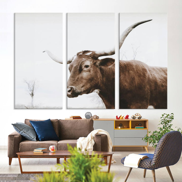 Rustic Cow Longhorn Bull Canvas Wall Art - Majestic Bull Animal Photography Print for Living Room, Office, or Ranch-Style Decor, Ready to Hang Print