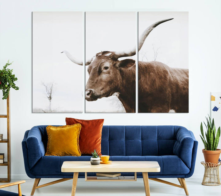 Rustic Cow Longhorn Bull Canvas Wall Art - Majestic Bull Animal Photography Print for Living Room, Office, or Ranch-Style Decor, Ready to Hang Print