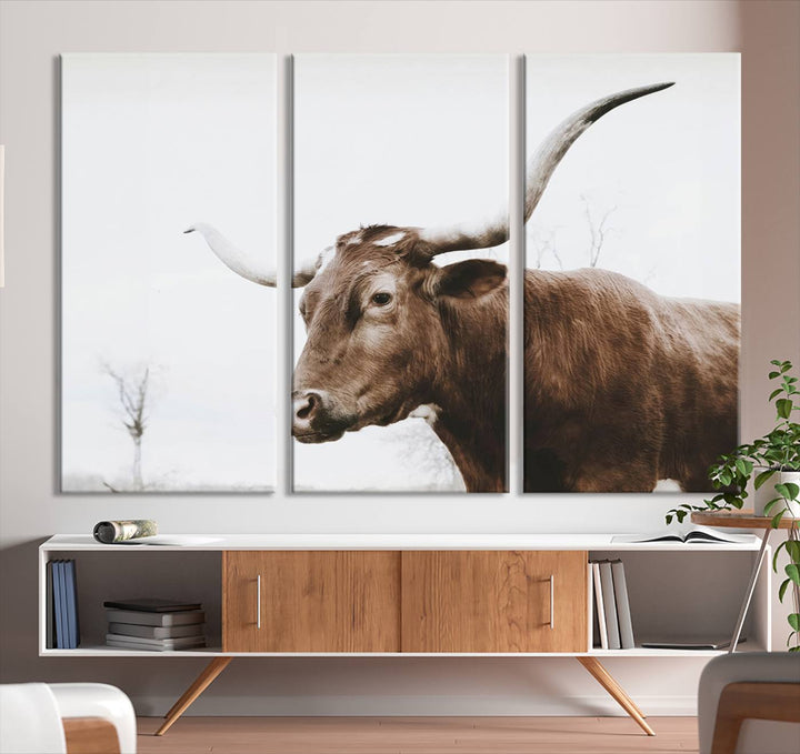 Rustic Cow Longhorn Bull Canvas Wall Art - Majestic Bull Animal Photography Print for Living Room, Office, or Ranch-Style Decor, Ready to Hang Print