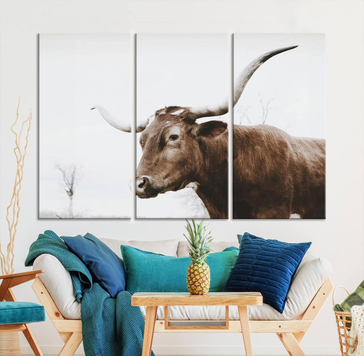 Rustic Cow Longhorn Bull Canvas Wall Art - Majestic Bull Animal Photography Print for Living Room, Office, or Ranch-Style Decor, Ready to Hang Print