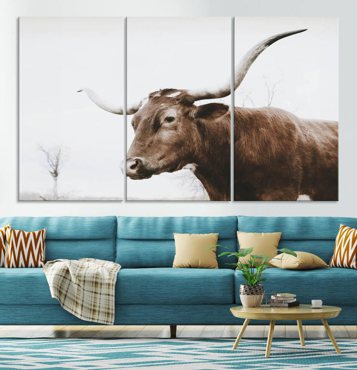 Rustic Cow Longhorn Bull Canvas Wall Art - Majestic Bull Animal Photography Print for Living Room, Office, or Ranch-Style Decor, Ready to Hang Print