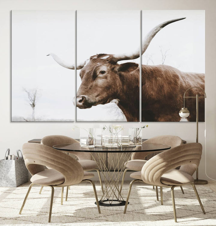 Rustic Cow Longhorn Bull Canvas Wall Art - Majestic Bull Animal Photography Print for Living Room, Office, or Ranch-Style Decor, Ready to Hang Print