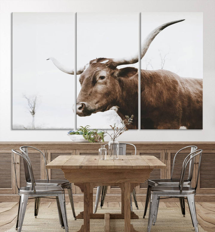 Rustic Cow Longhorn Bull Canvas Wall Art - Majestic Bull Animal Photography Print for Living Room, Office, or Ranch-Style Decor, Ready to Hang Print