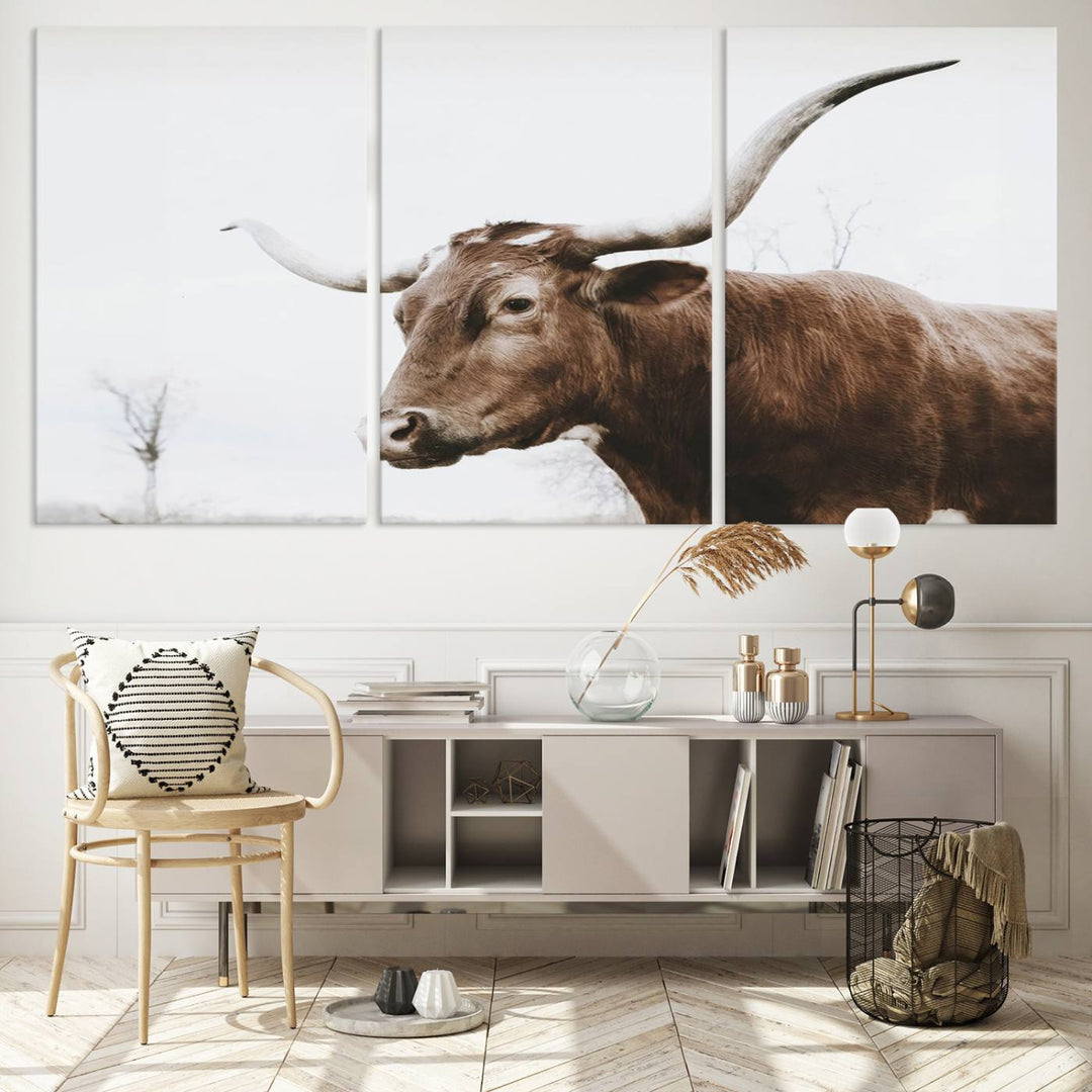 Rustic Cow Longhorn Bull Canvas Wall Art - Majestic Bull Animal Photography Print for Living Room, Office, or Ranch-Style Decor, Ready to Hang Print