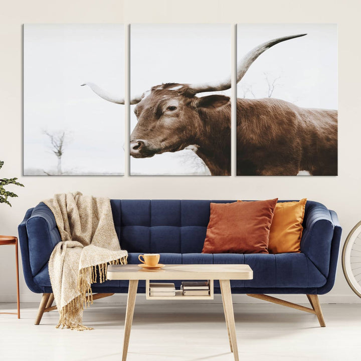 Rustic Cow Longhorn Bull Canvas Wall Art - Majestic Bull Animal Photography Print for Living Room, Office, or Ranch-Style Decor, Ready to Hang Print