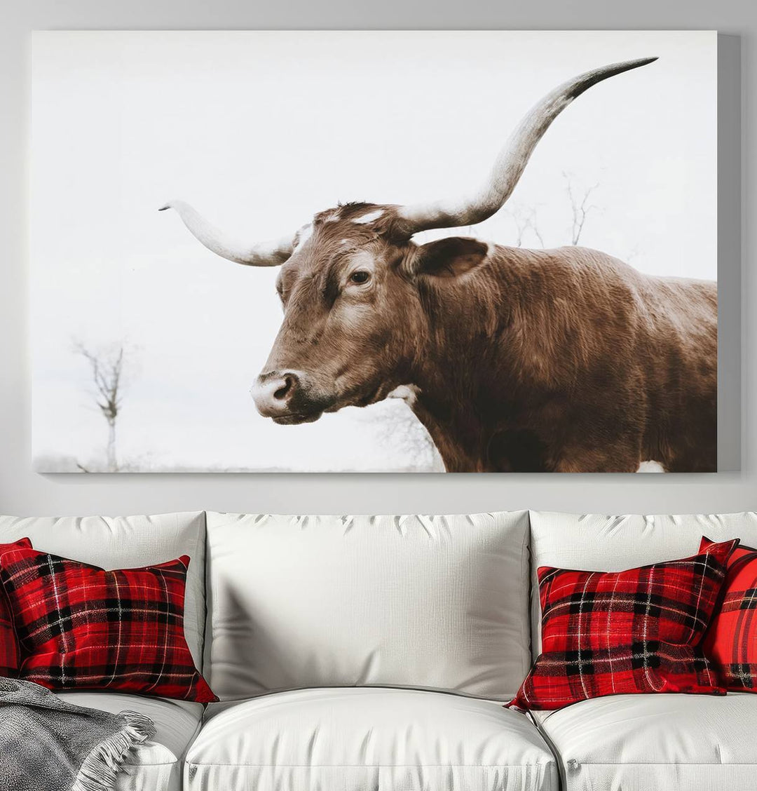 Rustic Cow Longhorn Bull Canvas Wall Art - Majestic Bull Animal Photography Print for Living Room, Office, or Ranch-Style Decor, Ready to Hang Print