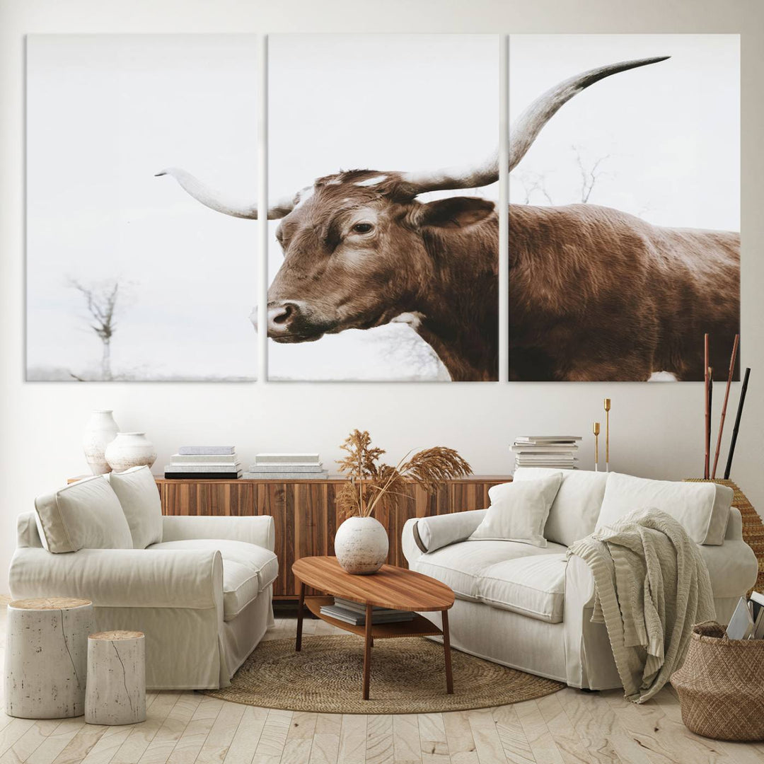 Rustic Cow Longhorn Bull Canvas Wall Art - Majestic Bull Animal Photography Print for Living Room, Office, or Ranch-Style Decor, Ready to Hang Print