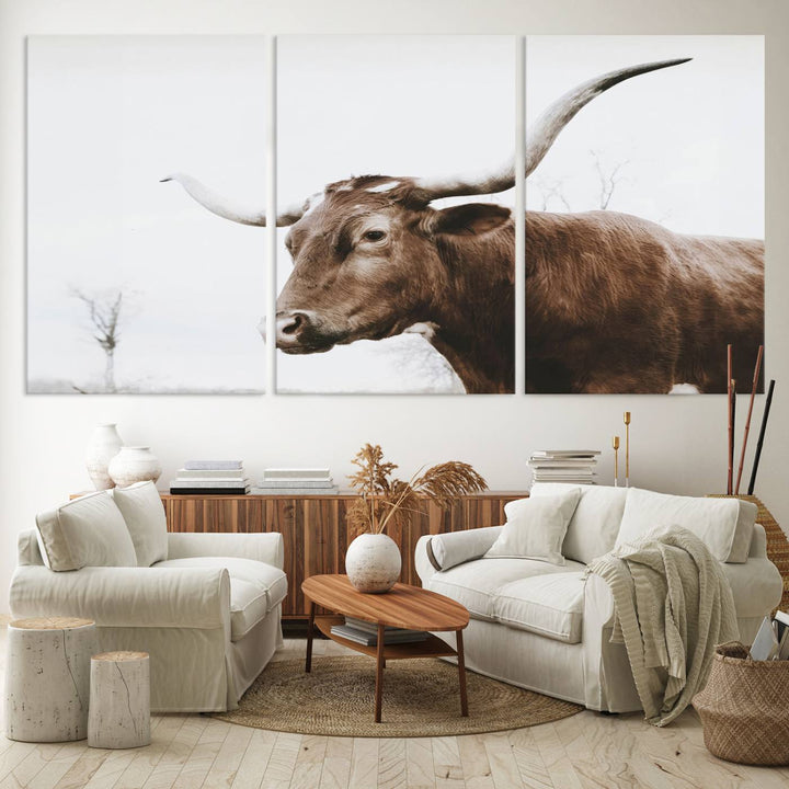 Rustic Cow Longhorn Bull Canvas Wall Art - Majestic Bull Animal Photography Print for Living Room, Office, or Ranch-Style Decor, Ready to Hang Print