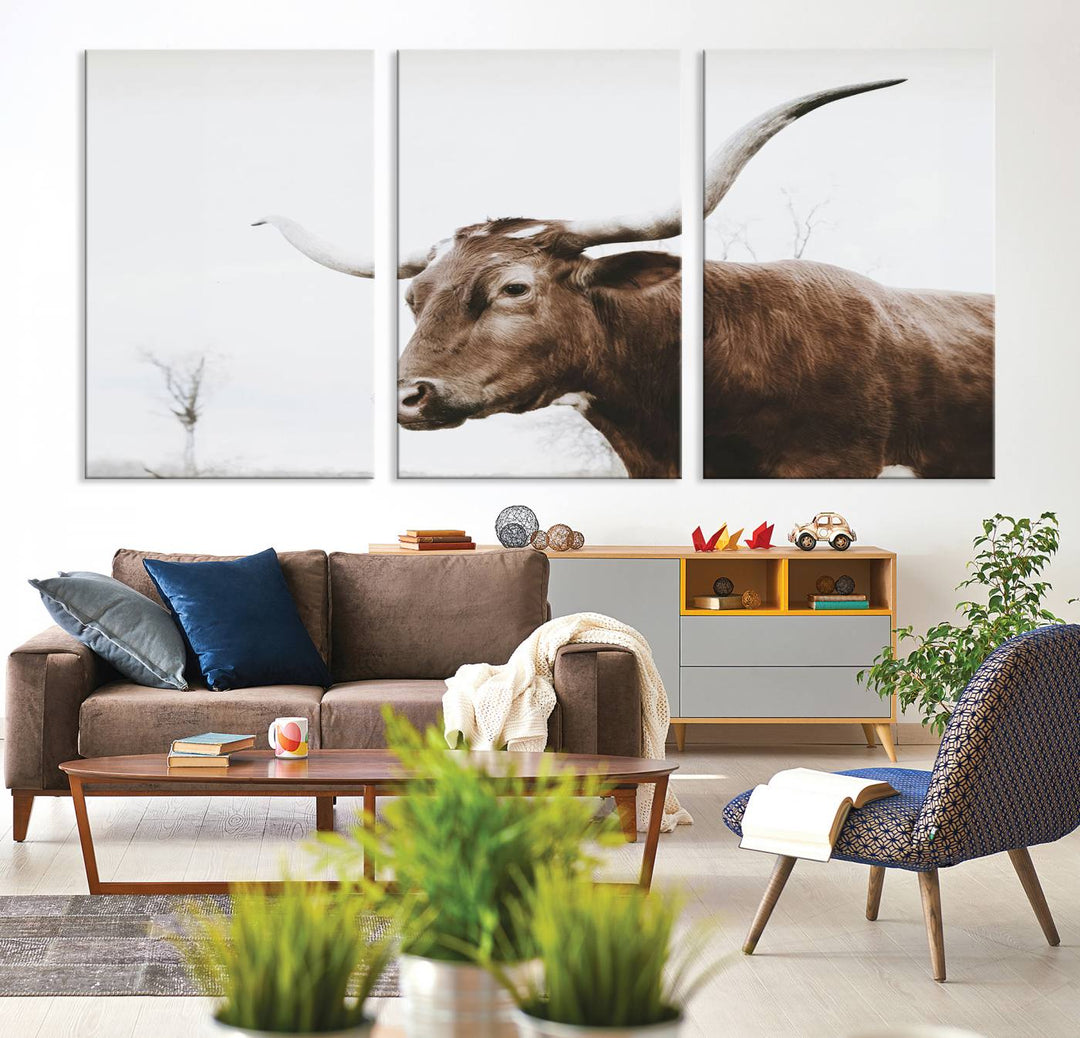 Rustic Cow Longhorn Bull Canvas Wall Art - Majestic Bull Animal Photography Print for Living Room, Office, or Ranch-Style Decor, Ready to Hang Print