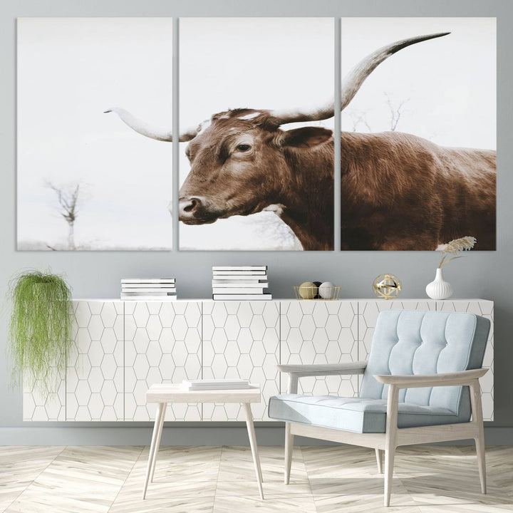 Rustic Cow Longhorn Bull Canvas Wall Art - Majestic Bull Animal Photography Print for Living Room, Office, or Ranch-Style Decor, Ready to Hang Print