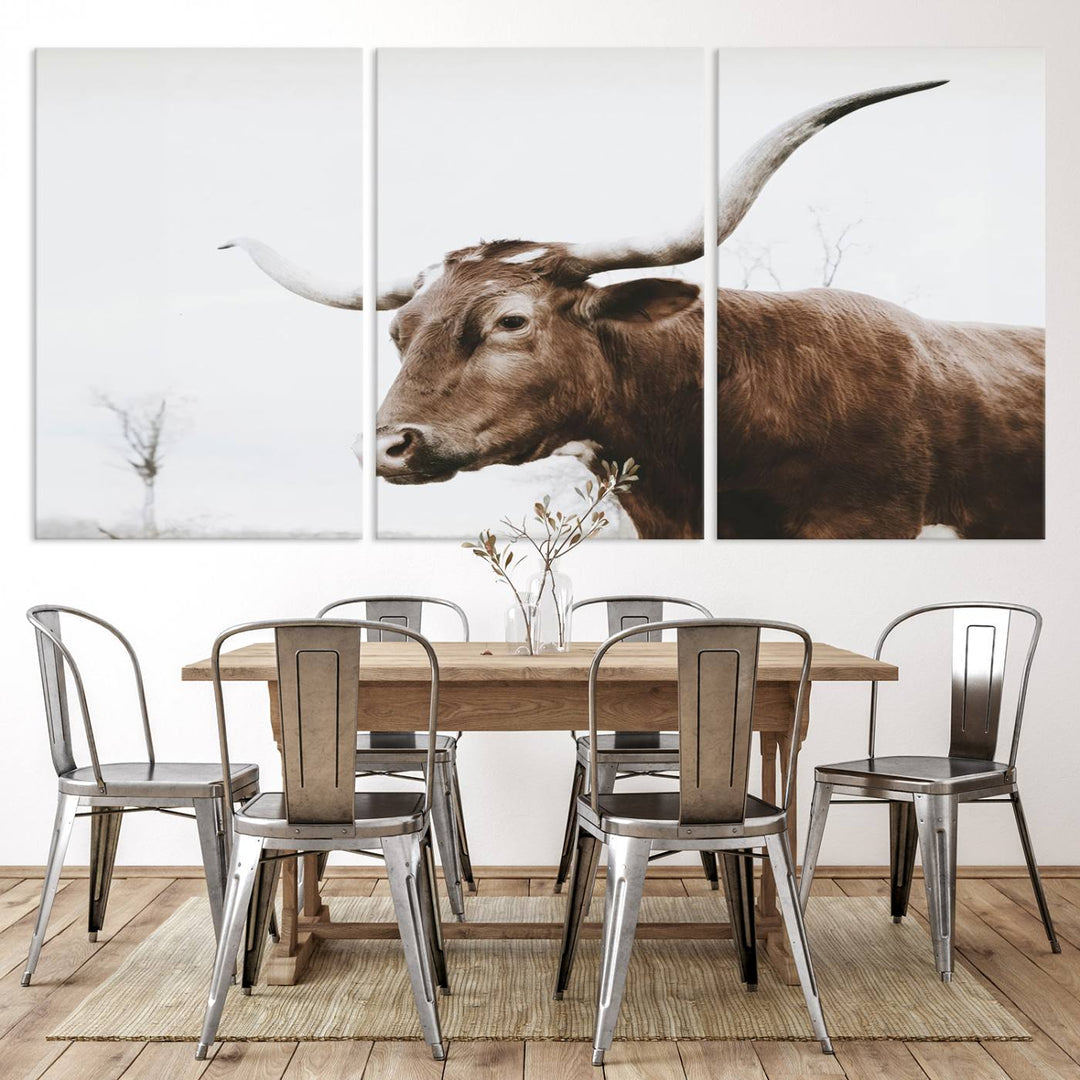 Rustic Cow Longhorn Bull Canvas Wall Art - Majestic Bull Animal Photography Print for Living Room, Office, or Ranch-Style Decor, Ready to Hang Print