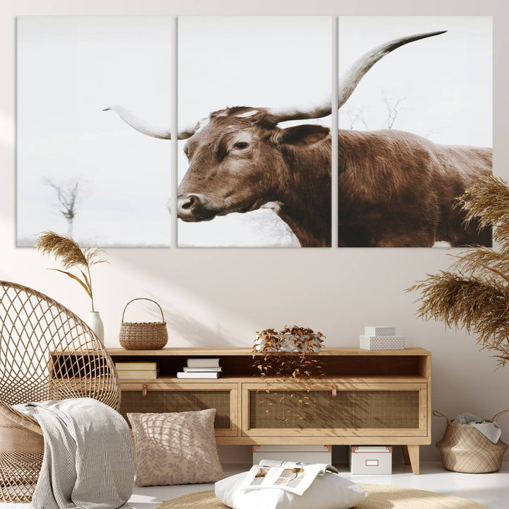 Rustic Cow Longhorn Bull Canvas Wall Art - Majestic Bull Animal Photography Print for Living Room, Office, or Ranch-Style Decor, Ready to Hang Print