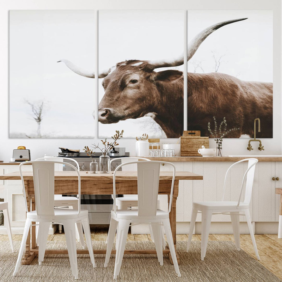 Rustic Cow Longhorn Bull Canvas Wall Art - Majestic Bull Animal Photography Print for Living Room, Office, or Ranch-Style Decor, Ready to Hang Print