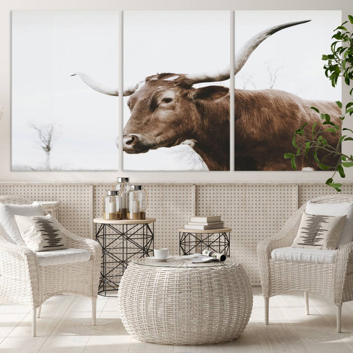 Rustic Cow Longhorn Bull Canvas Wall Art - Majestic Bull Animal Photography Print for Living Room, Office, or Ranch-Style Decor, Ready to Hang Print