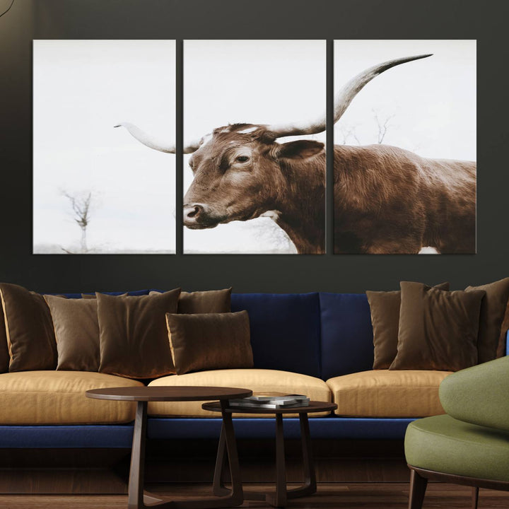 Rustic Cow Longhorn Bull Canvas Wall Art - Majestic Bull Animal Photography Print for Living Room, Office, or Ranch-Style Decor, Ready to Hang Print