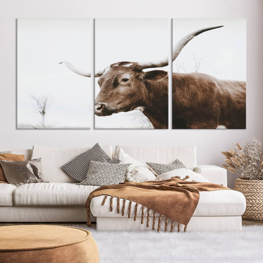 Rustic Cow Longhorn Bull Canvas Wall Art - Majestic Bull Animal Photography Print for Living Room, Office, or Ranch-Style Decor, Ready to Hang Print