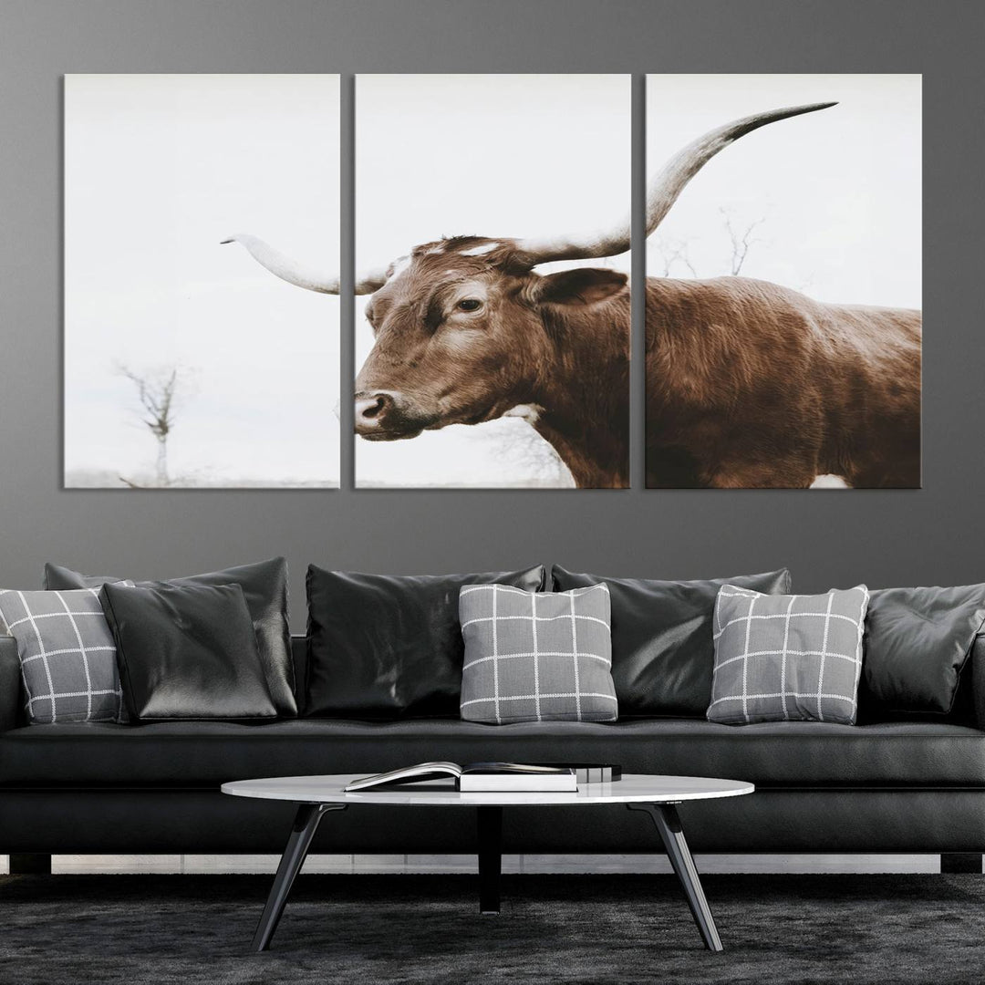 Rustic Cow Longhorn Bull Canvas Wall Art - Majestic Bull Animal Photography Print for Living Room, Office, or Ranch-Style Decor, Ready to Hang Print