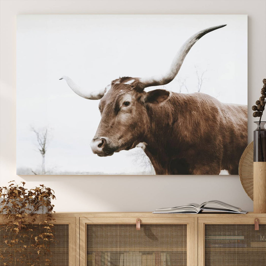 Rustic Cow Longhorn Bull Canvas Wall Art - Majestic Bull Animal Photography Print for Living Room, Office, or Ranch-Style Decor, Ready to Hang Print