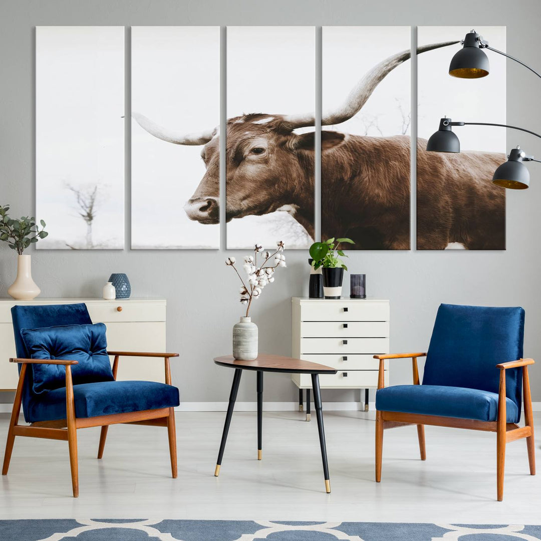 Rustic Cow Longhorn Bull Canvas Wall Art - Majestic Bull Animal Photography Print for Living Room, Office, or Ranch-Style Decor, Ready to Hang Print