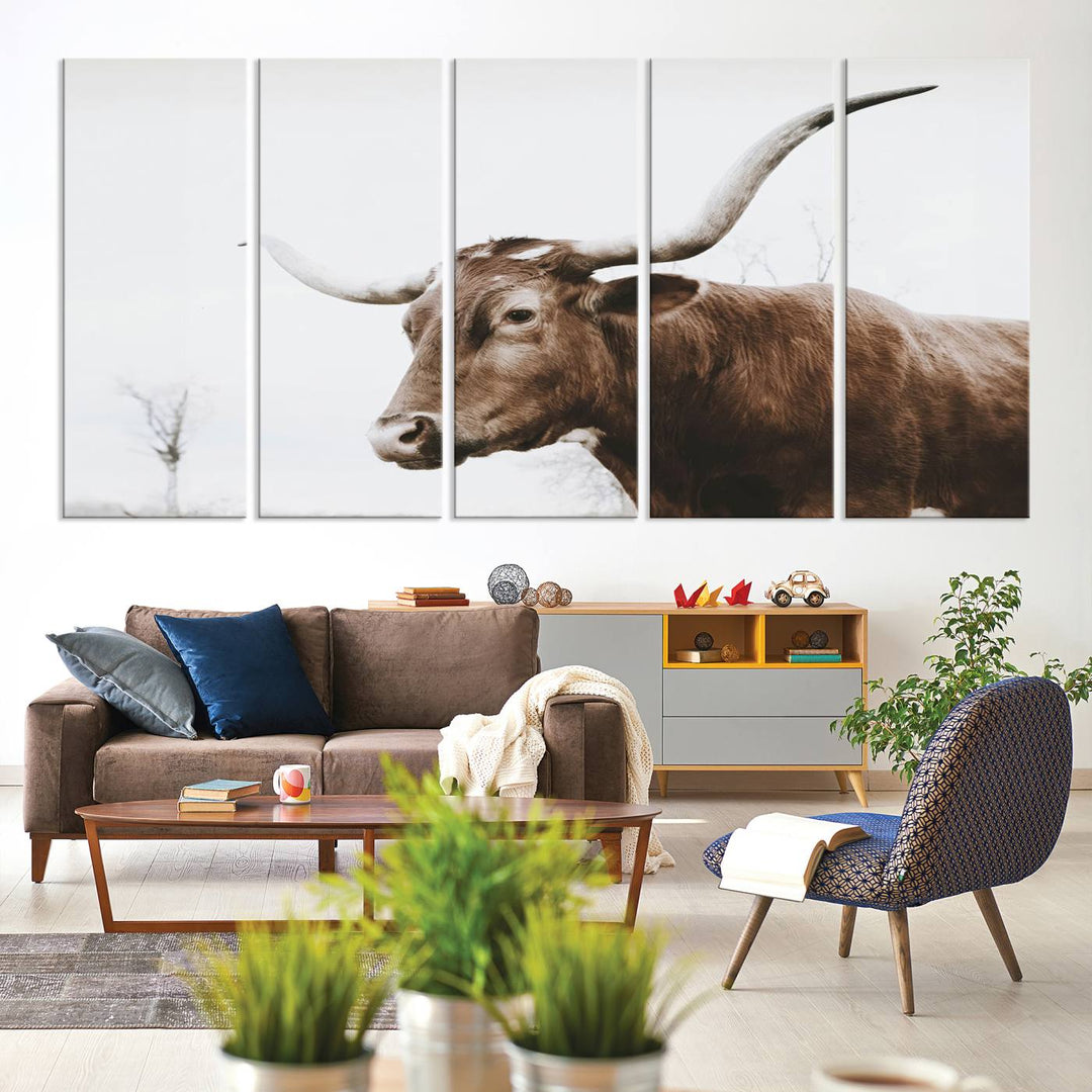 Rustic Cow Longhorn Bull Canvas Wall Art - Majestic Bull Animal Photography Print for Living Room, Office, or Ranch-Style Decor, Ready to Hang Print