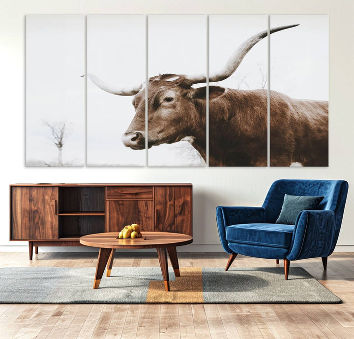 Rustic Cow Longhorn Bull Canvas Wall Art - Majestic Bull Animal Photography Print for Living Room, Office, or Ranch-Style Decor, Ready to Hang Print