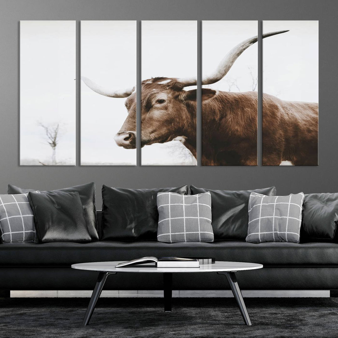 Rustic Cow Longhorn Bull Canvas Wall Art - Majestic Bull Animal Photography Print for Living Room, Office, or Ranch-Style Decor, Ready to Hang Print