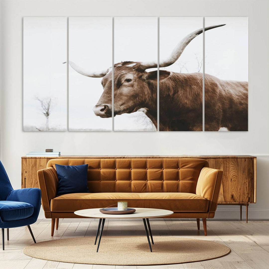 Rustic Cow Longhorn Bull Canvas Wall Art - Majestic Bull Animal Photography Print for Living Room, Office, or Ranch-Style Decor, Ready to Hang Print