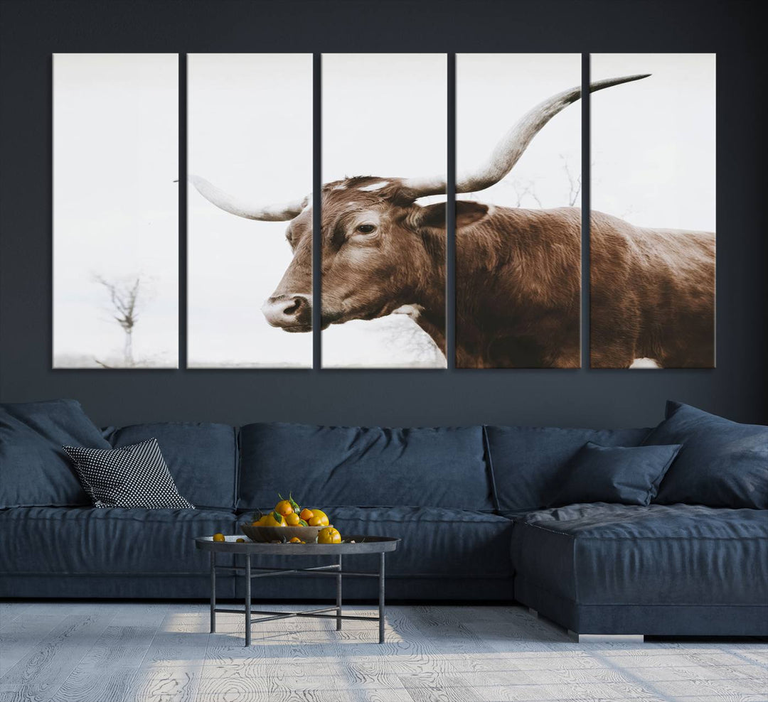 Rustic Cow Longhorn Bull Canvas Wall Art - Majestic Bull Animal Photography Print for Living Room, Office, or Ranch-Style Decor, Ready to Hang Print