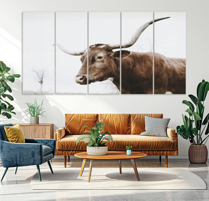 Rustic Cow Longhorn Bull Canvas Wall Art - Majestic Bull Animal Photography Print for Living Room, Office, or Ranch-Style Decor, Ready to Hang Print