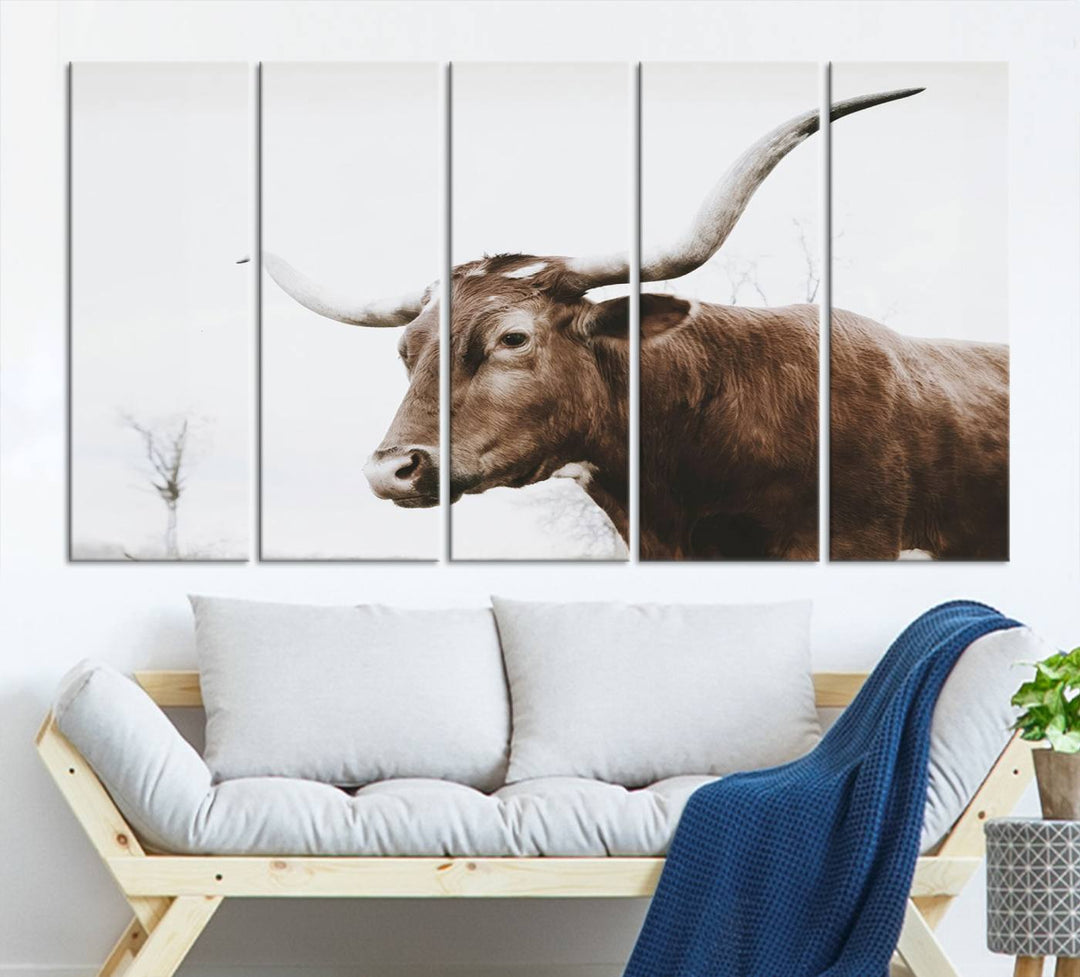 Rustic Cow Longhorn Bull Canvas Wall Art - Majestic Bull Animal Photography Print for Living Room, Office, or Ranch-Style Decor, Ready to Hang Print