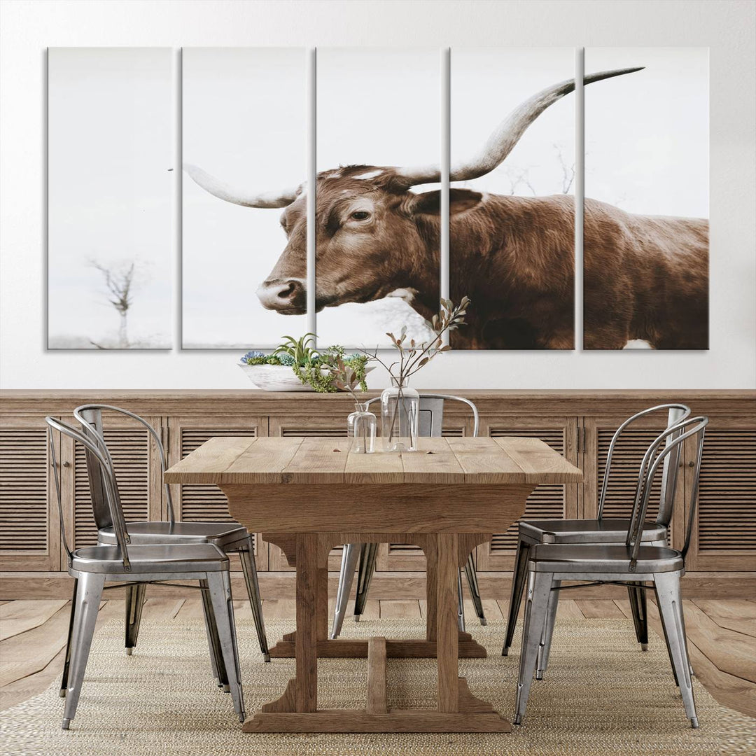 Rustic Cow Longhorn Bull Canvas Wall Art - Majestic Bull Animal Photography Print for Living Room, Office, or Ranch-Style Decor, Ready to Hang Print