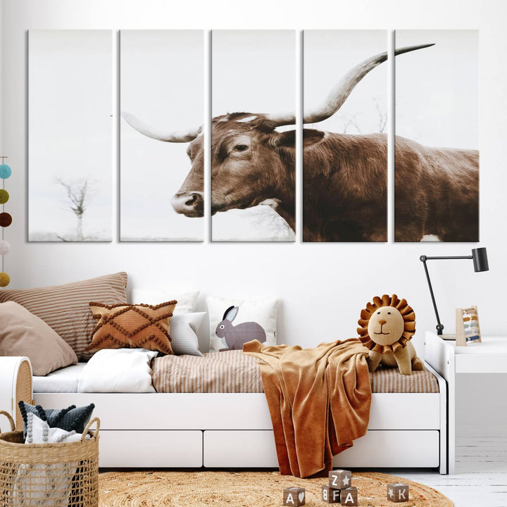 Rustic Cow Longhorn Bull Canvas Wall Art - Majestic Bull Animal Photography Print for Living Room, Office, or Ranch-Style Decor, Ready to Hang Print